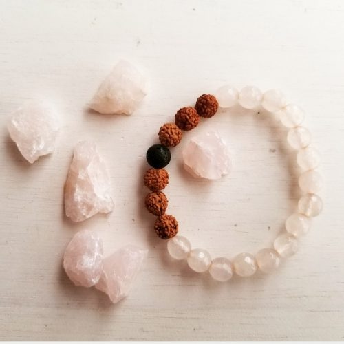 Rudraksha Volcanic Lava Rose Quartz Beaded Bracelet